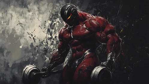 Powerful armored warrior calmly lifting heavy dumbbells