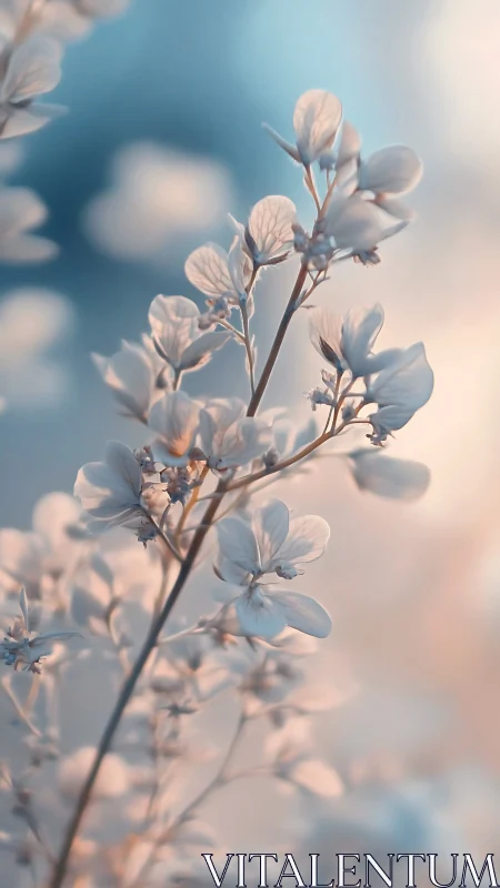 Delicate white flower buds glow against soft blue background
