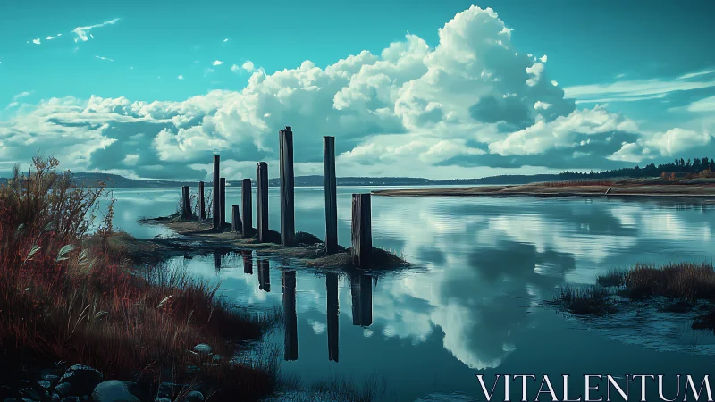 Coastal marsh reflections frame weathered wooden pilings.