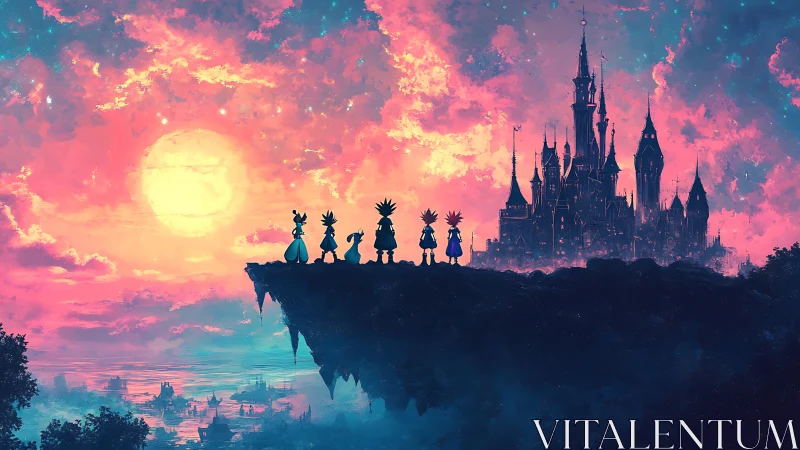 Sunset questers facing a neon-dream castle skyline.