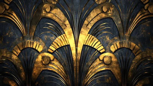 Art Deco gilded relief pattern on dark textured surface.