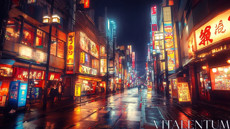 Neon rain turns the quiet city alley into liquid lanterns