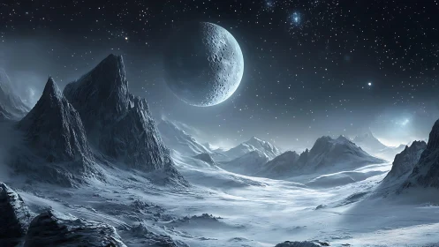 Moonlit ice giants brood under a silent star-salted sky