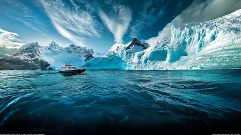 Expedition vessel cutting through glacial turquoise seascape.