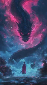 Sky-borne dragon coils above a lone red-cloaked dreamer