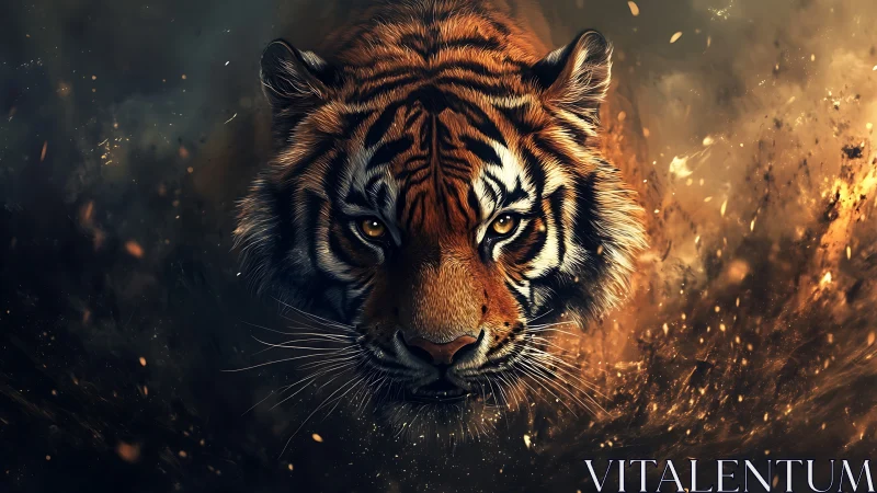 Tiger face emerging through sparks and dark smoky ground.