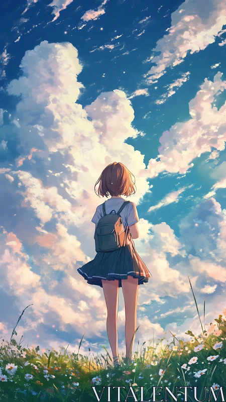 Schoolgirl standing in flower field under vast sky.