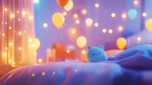 Blue animated character in illuminated interior with balloons