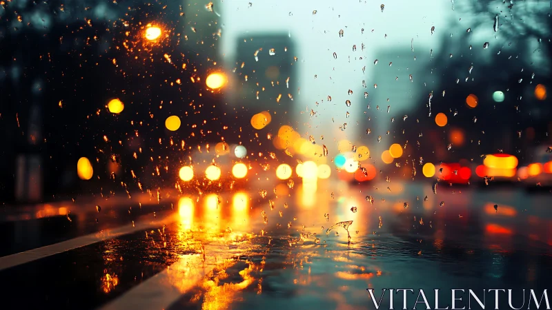 Rain-covered window overlooks blurred city traffic lights