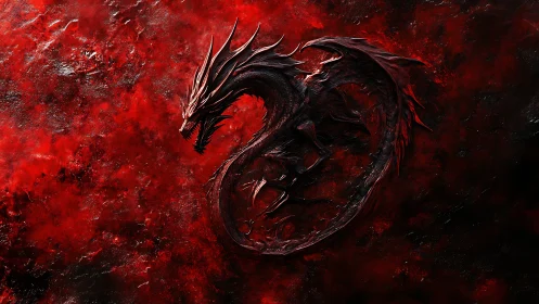 Coiled crimson dragon emerges from a storm of fiery shadows.