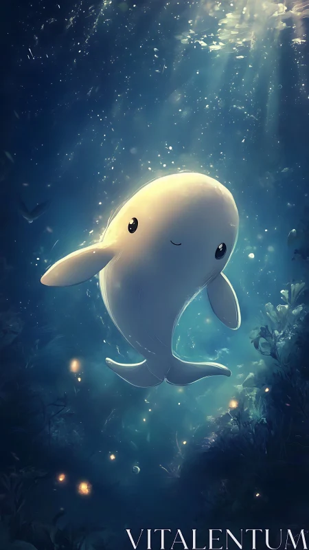 Luminous stylized beluga drifting through volumetric seafloor light.