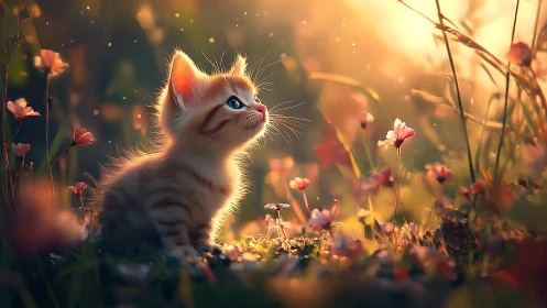 White kitten positioned within field of flowering plants under golden atmospheric lighting.