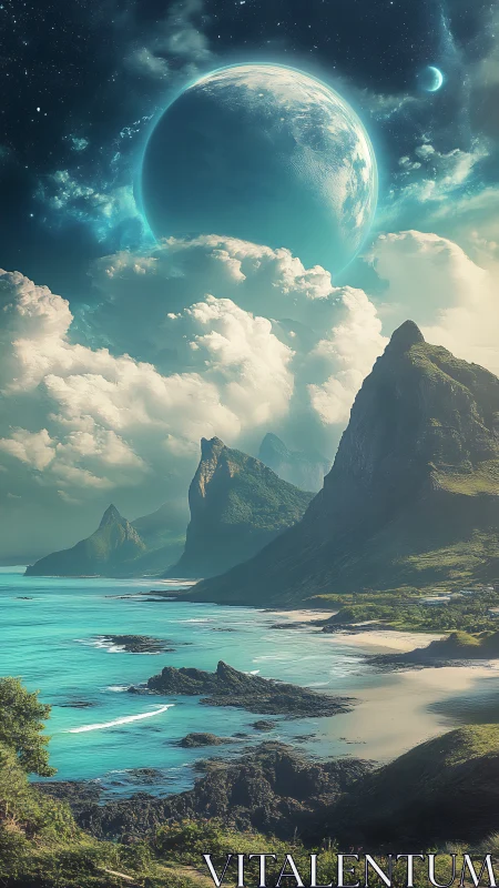 Twin moons cradle an alien shoreline in turquoise hush