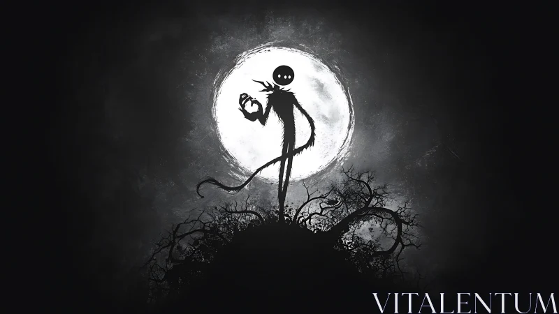 Moonlit shadow figure atop tangled haunted hillside.