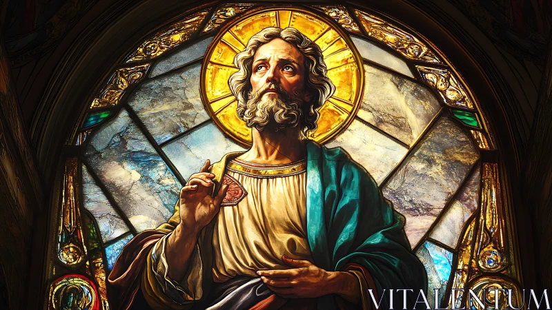 Radiant stained glass saint gazes upward in sacred light