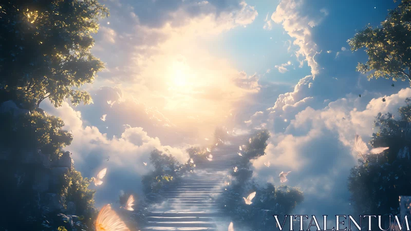 Stairway through glowing clouds to radiant heavenly sky.