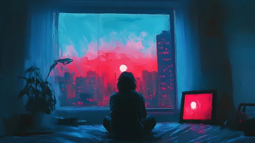 Neon dusk hums softly as a lone dreamer studies the city glow