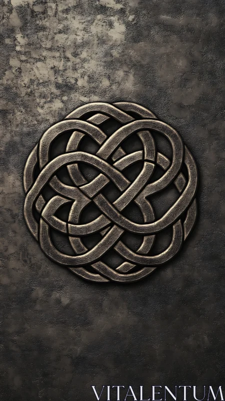 Interlaced bronze Celtic knot medallion on textured wall