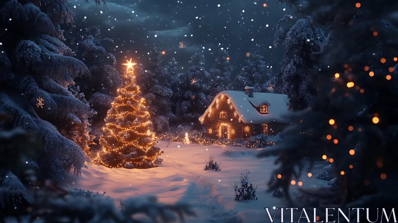 Snowy forest cabin with glowing Christmas tree at dusk.