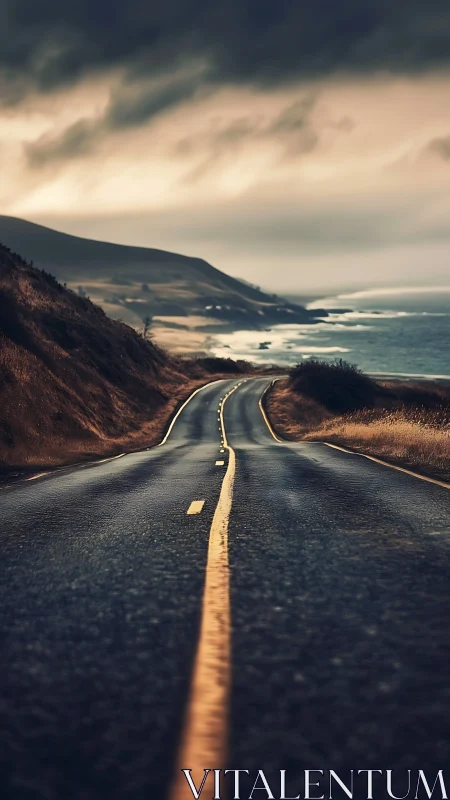 Coastal asphalt artery under storm-laden atmospheric dynamics.