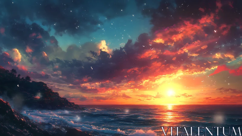 Skyfire over whispering tides at dreamlit horizon.