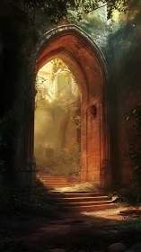 Sunlit stone arch reveals overgrown hidden courtyard