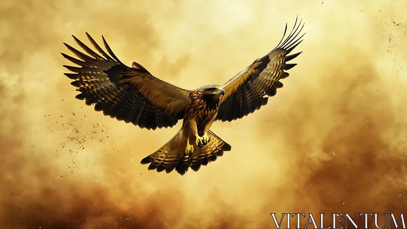 Majestic eagle soaring in dramatic golden sky, digital art style.
