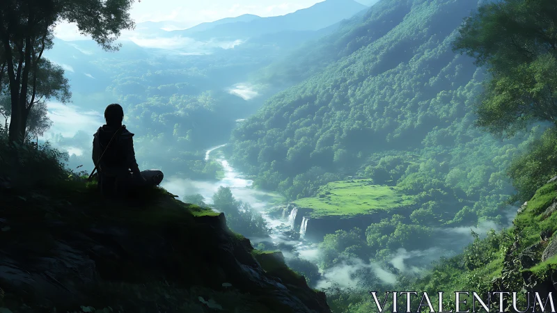 Solitary wanderer overlooking a mist-laced emerald valley.