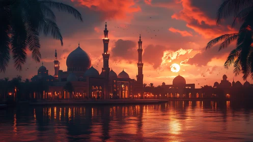 Sunlit domes and minarets over tranquil waterfront at dusk.