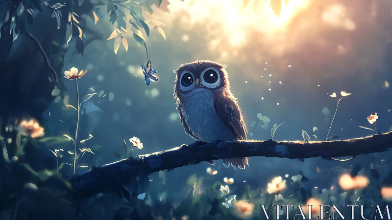 Whimsical baby owl on a branch in dreamy, soft-lit forest scene.