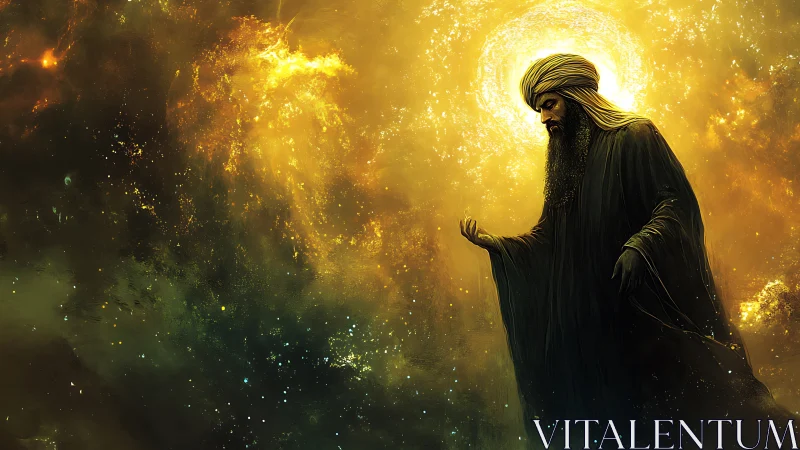 Robe-clad figure stands in cosmic yellow nebula glow