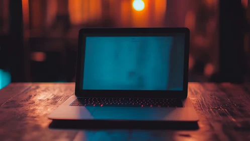 Cozy laptop glow on a warm, dimly lit evening workspace.