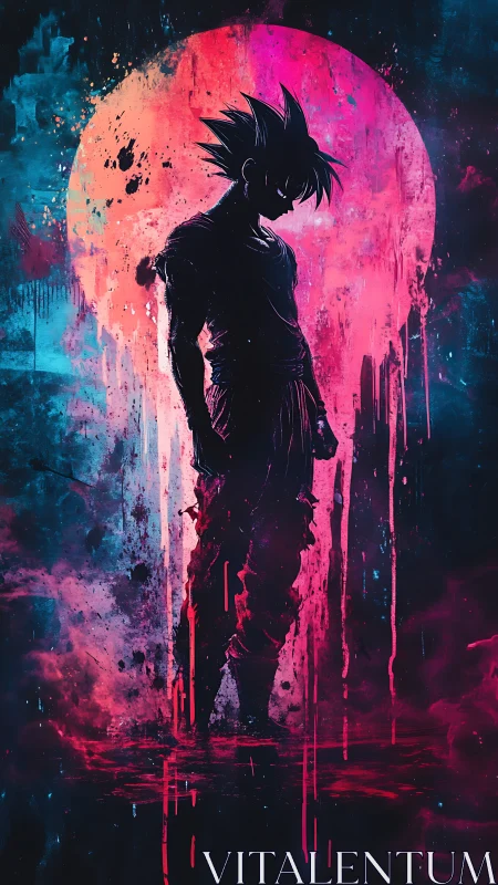 Starlit warrior silhouette before a bleeding neon moon.