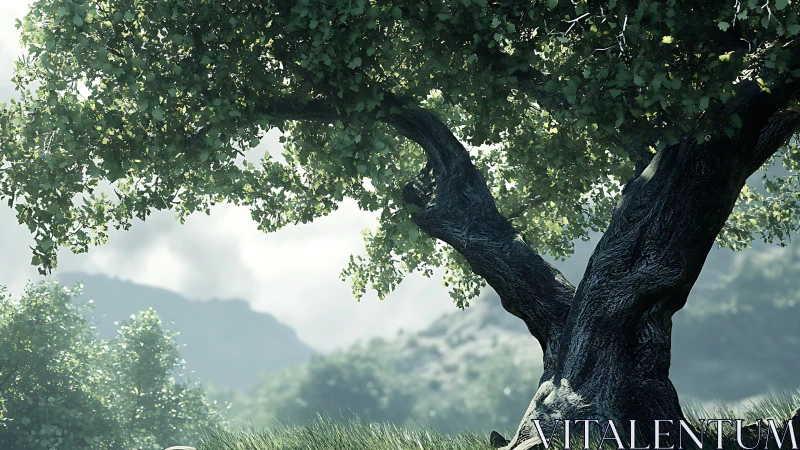 Ancient tree stands in soft mountain light and drifting mist