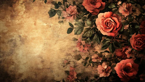 Vintage roses cascade over distressed sepia wall texture.