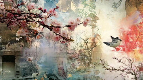 Blossoming branches and bird float through dreamy urban spring.