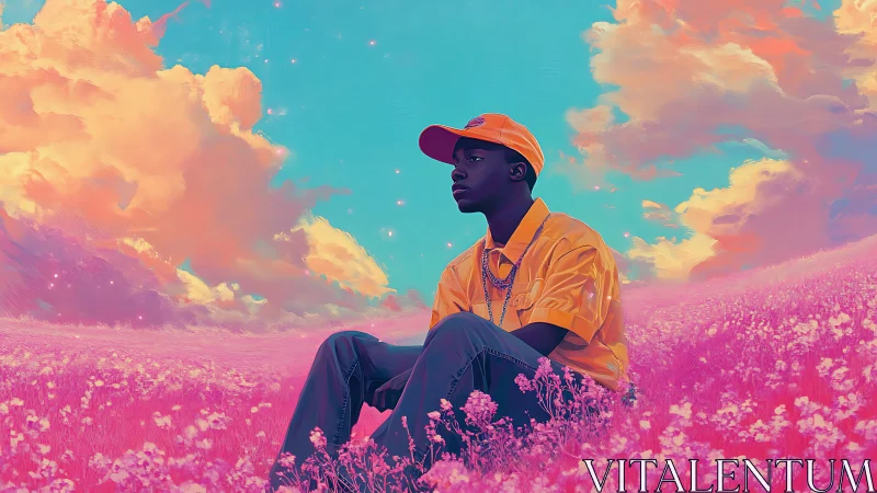 Dreamy portrait in neon meadow under surreal skies.