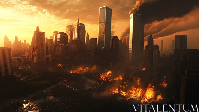 Burning city skyline glows under a heavy apocalyptic sunset