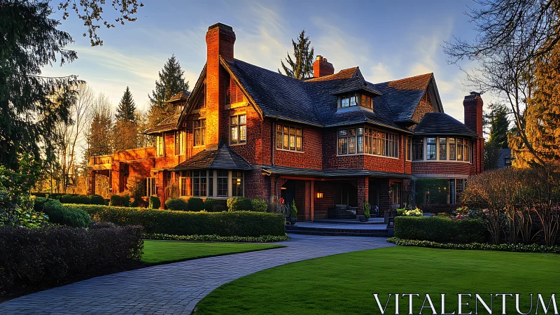 Large brick mansion with manicured lawn at sunset light.