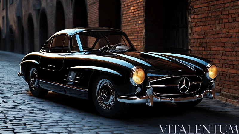 Classic black Mercedes coupe gleams on cobblestone street.