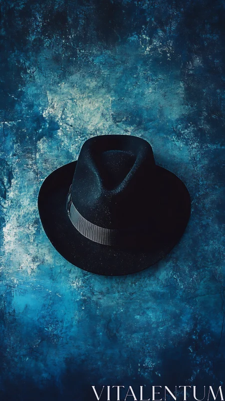 Black fedora rests on textured blue painted backdrop