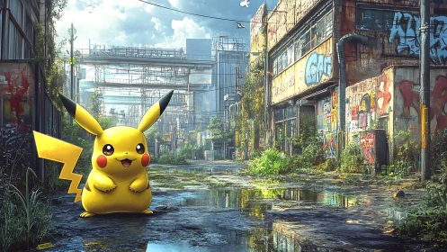 Pikachu in hyperreal graffiti-lined postindustrial alleyway