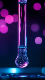 Glowing lab test tube holds effervescent neon solution