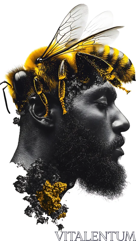 Surreal bee crowned portrait merging human and insect forms.