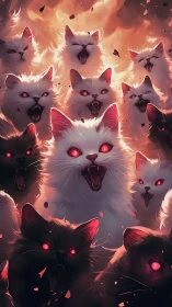 Demonic Cats in Fiery Abyss with Glowing Eyes.