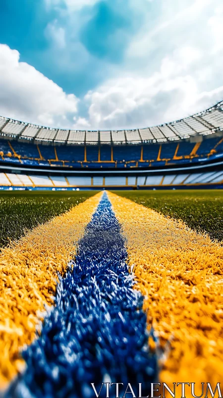 Vivid blue center line slicing through empty stadium turf.