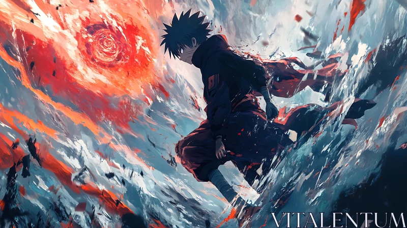 Stormborne warrior in swirling crimson and cyan vortex.