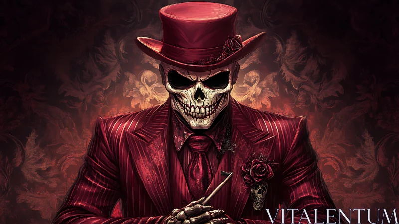 Scarlet skeletal dandy in pinstriped suit under dramatic chiaroscuro