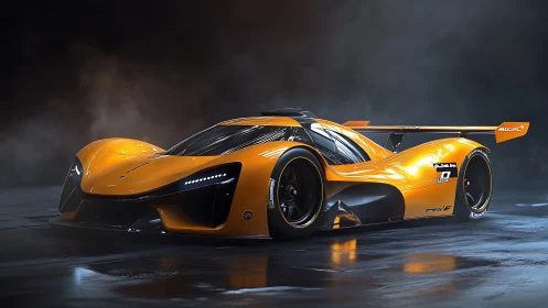 Orange low-profile concept race car on reflective surface.
