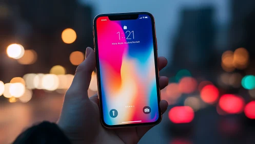iPhone X Display Held Against Bokeh Urban Backdrop at Night.